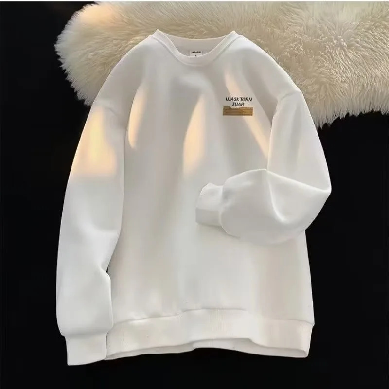 American style cool retro heavyweight round neck hoodie mens autumn and winter plus plush loose trendy cool top 241220