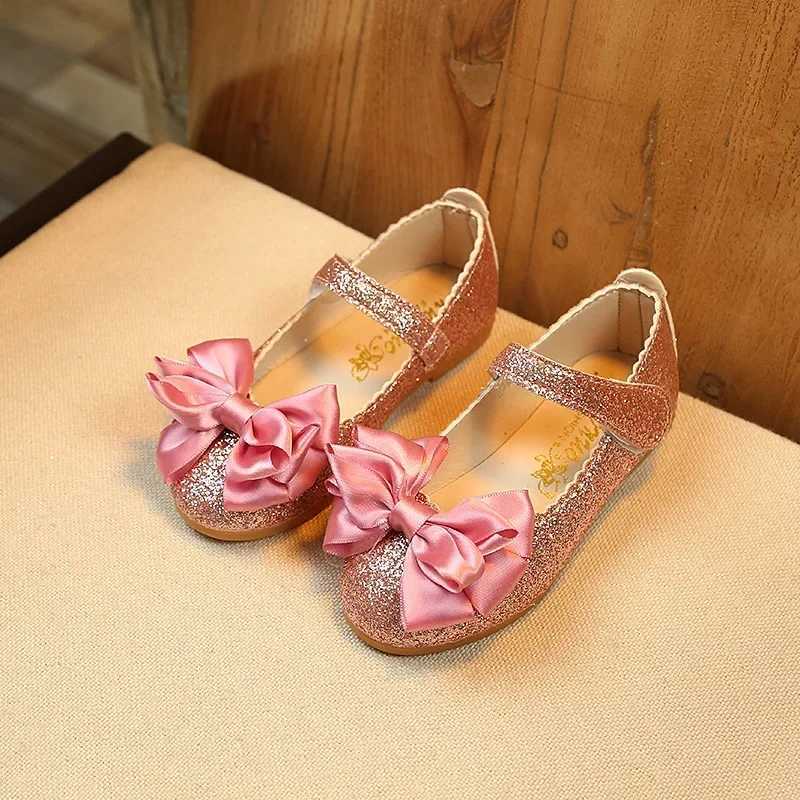 Girls Leather Shoes for Toddlers Kids Big Children Flats Glitter with Bow-knot Princess Sweet Bling Dress Shoes for Dance Par W241228