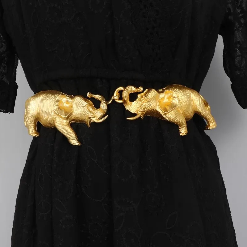 Womens Fashion Black Genuine Leather Gold Elephant corset Female Cummerbund Coat Waistband Dress Decration Wide Belt J006 241227