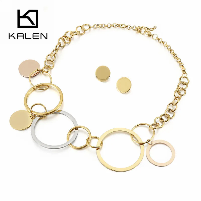 Kalen Creative Multiple Circles Jewelry Sets For Women Gold Stainless Steel Western Style Femme Choker Necklaces Earrings 241226