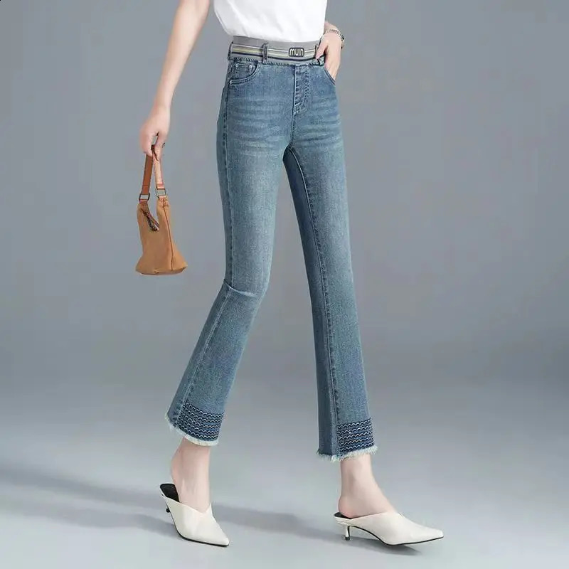 Womens Jeans Denim Flare Elastic Band High Waist Slim Flash Fashion Allmatch Comfortable Office Lady Washed Pants 241228