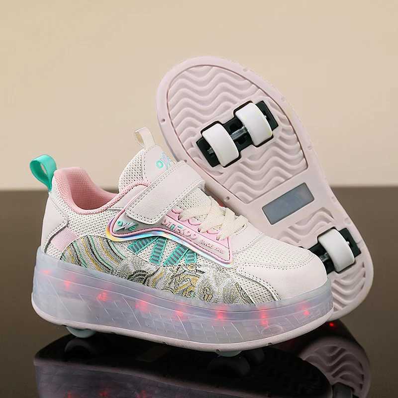 Childrens casual shoes fashionable two wheeled walking shoes shock-absorbing USB charging breathable LED light shoes W241228