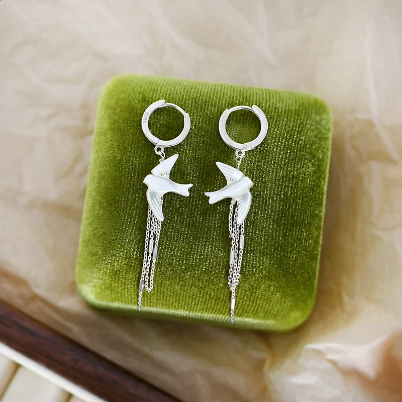 ASHIQI 925 Sterling Silver Natural Shell Bird Long Earrings Jewelry for Women Girls Spring Summer 241226