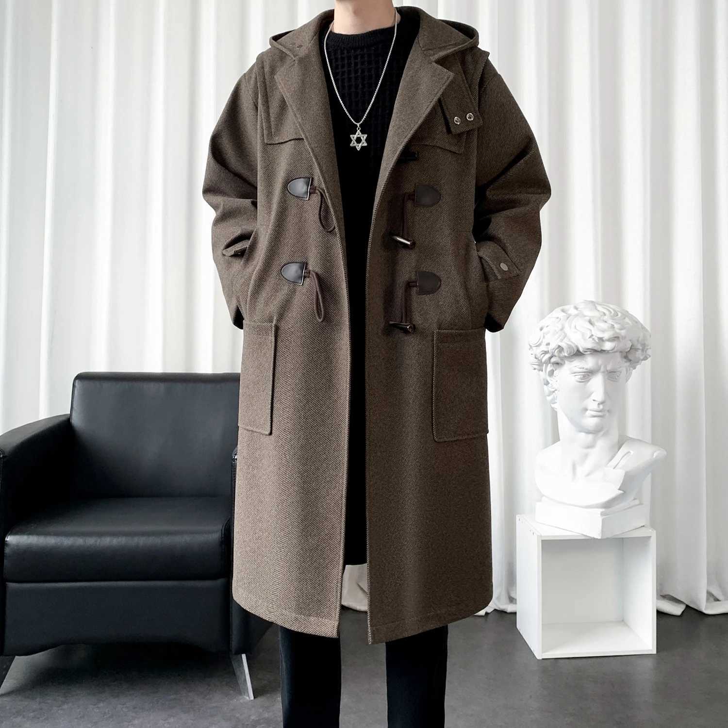 Horn Button Long Windbreaker Solid Color Single Breasted Mens Clothing Loose Oversized Trench Coat Casual Thick Hooded Male Top W241228