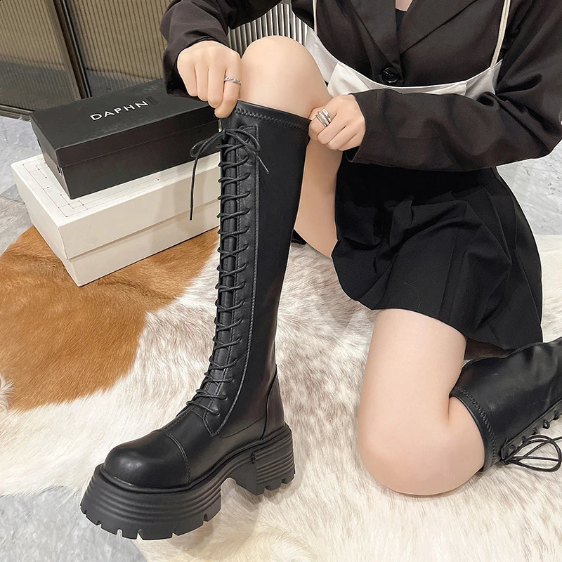 Footwear Laceup Shoes For Woman Platform Womens Boots With Laces White Long Winter Knee High Shaft Sale Stylish Goth 241223