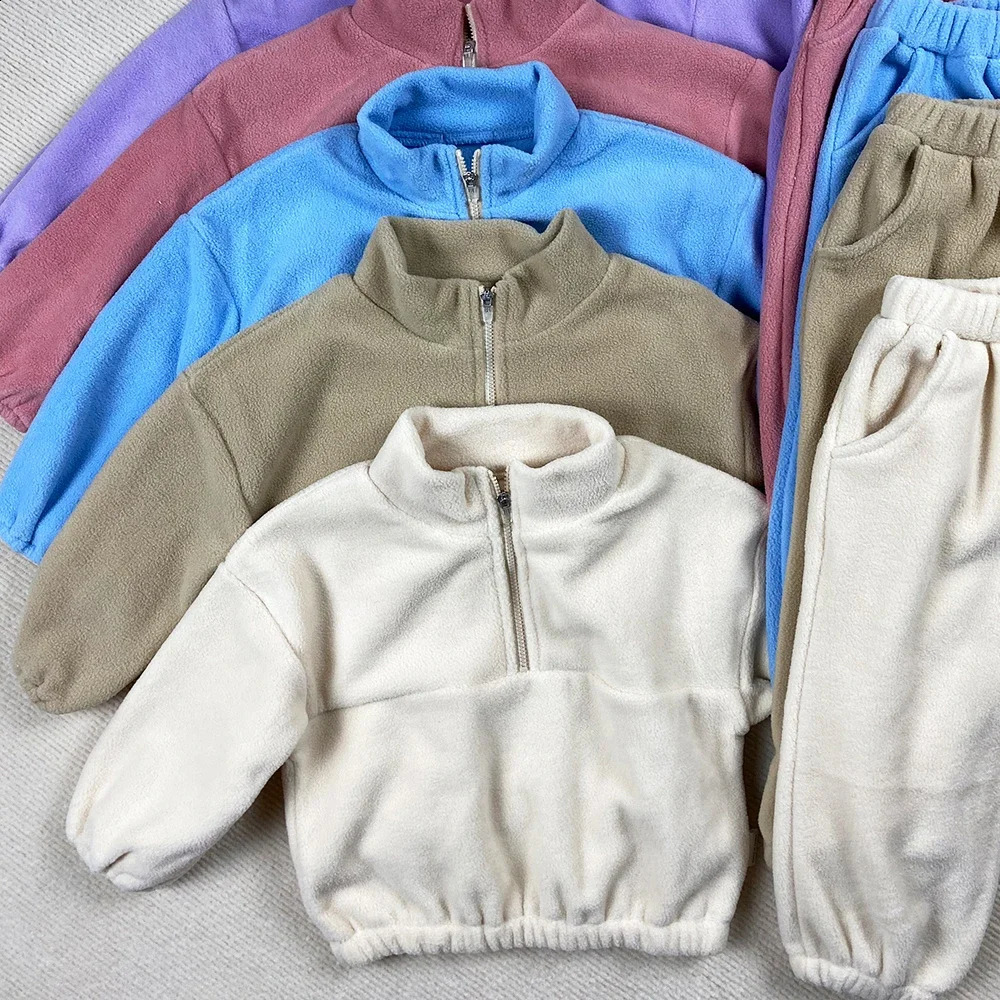 2pcs Autumn Childrens Fleece Suits Baby Boys Girls Zipper Sweatshirt Pant Sportwear Toddler Roupa Infantil Clothes Outfit Sets 241226