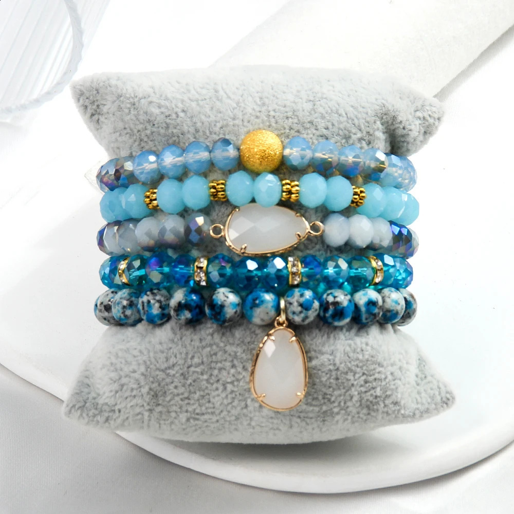 Simple Bohemian Women Jewelry 8mm Natural Stone Shining Glass Handmade Beaded Elastic Bracelet 5pcs Stacked Bracelet Set 241227
