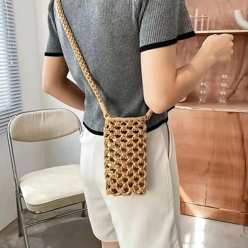 Women Fashion Small Crossbody Phone Bag Solid Color Hollow-out Woven Crochet Lightweight Braided Shoulder Handbag 241227
