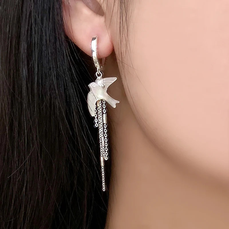 ASHIQI 925 Sterling Silver Natural Shell Bird Long Earrings Jewelry for Women Girls Spring Summer 241226