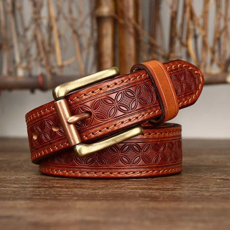 3.3cm grain real denim leather soft denim leather personality lucky totem retro luxury copper buckle mens jeans strap W241228