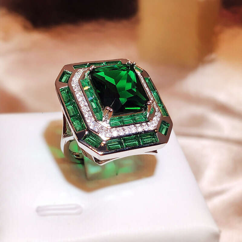 new product simulation emerald tourmaline opening ring, female luxury princess square full diamond ring