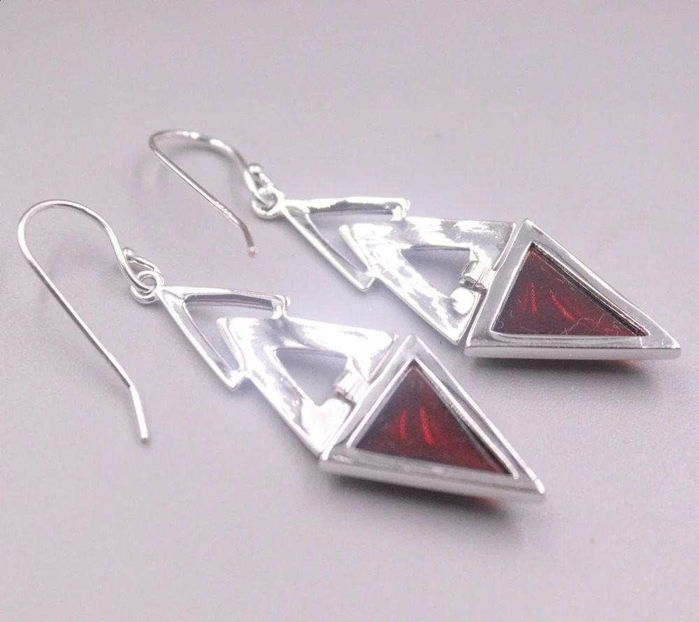 Real Solid 925 Sterling Silver Dangle Women Gift Lucky Garnet Triangle Geometry Earrings 241226