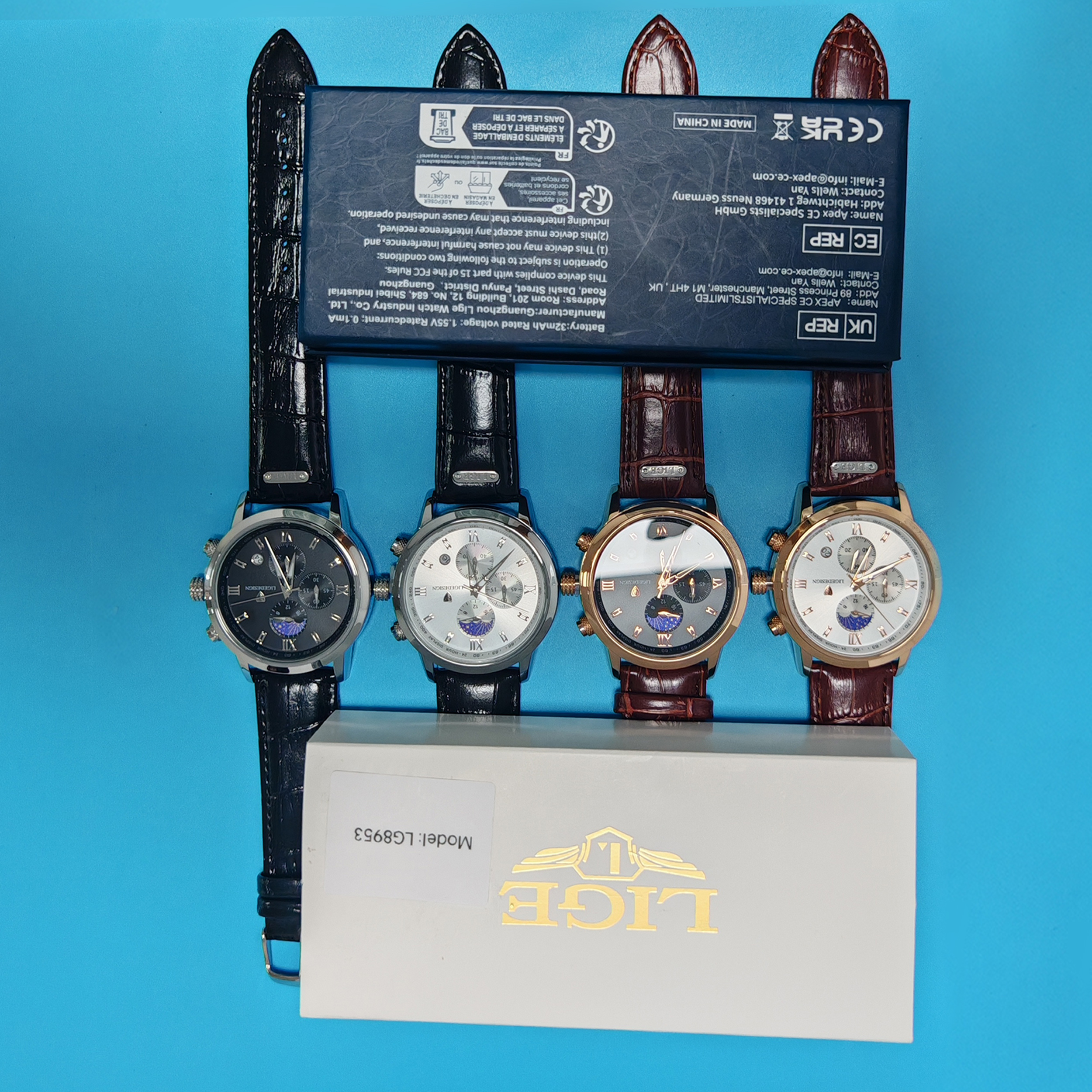 LIGE Men's Quartz Watch 24-hour Moon Phase Calendar Multi-Function Six-pin Watch Classic Business Watch Leather Watch Life