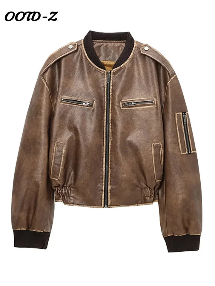 PU Leather Zipper Women Coat Zipper Patchwork O Neck Lady Jacket Fashion Autumn Winter Full Sleeve Pocket Female Overcoat 241220