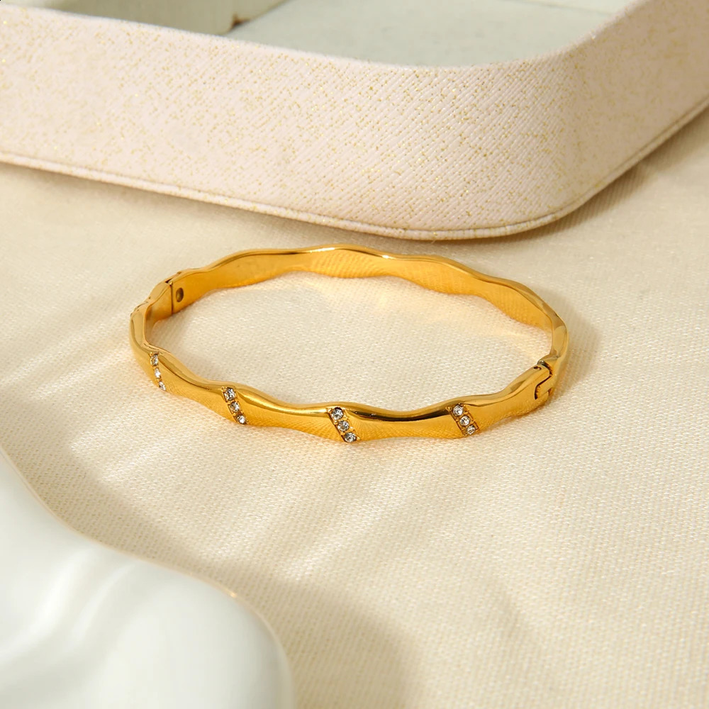 Trendy Stainless Steel 18K Gold Plated Bamboo Glass Stone Paved Bracelets Bangles for Women Fashion Jewelry Girl Friend Gift 241227
