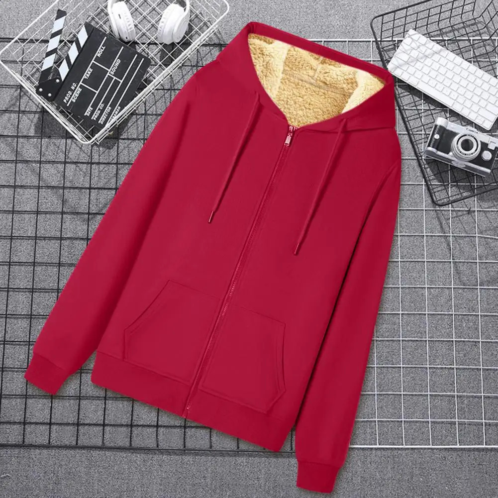 Men Winter Coat Thick Soft Plush Hooded Zip Up Cardigan Sweatshirts Solid Color Drawstring Pockets Casual Jacket Clothes 241223