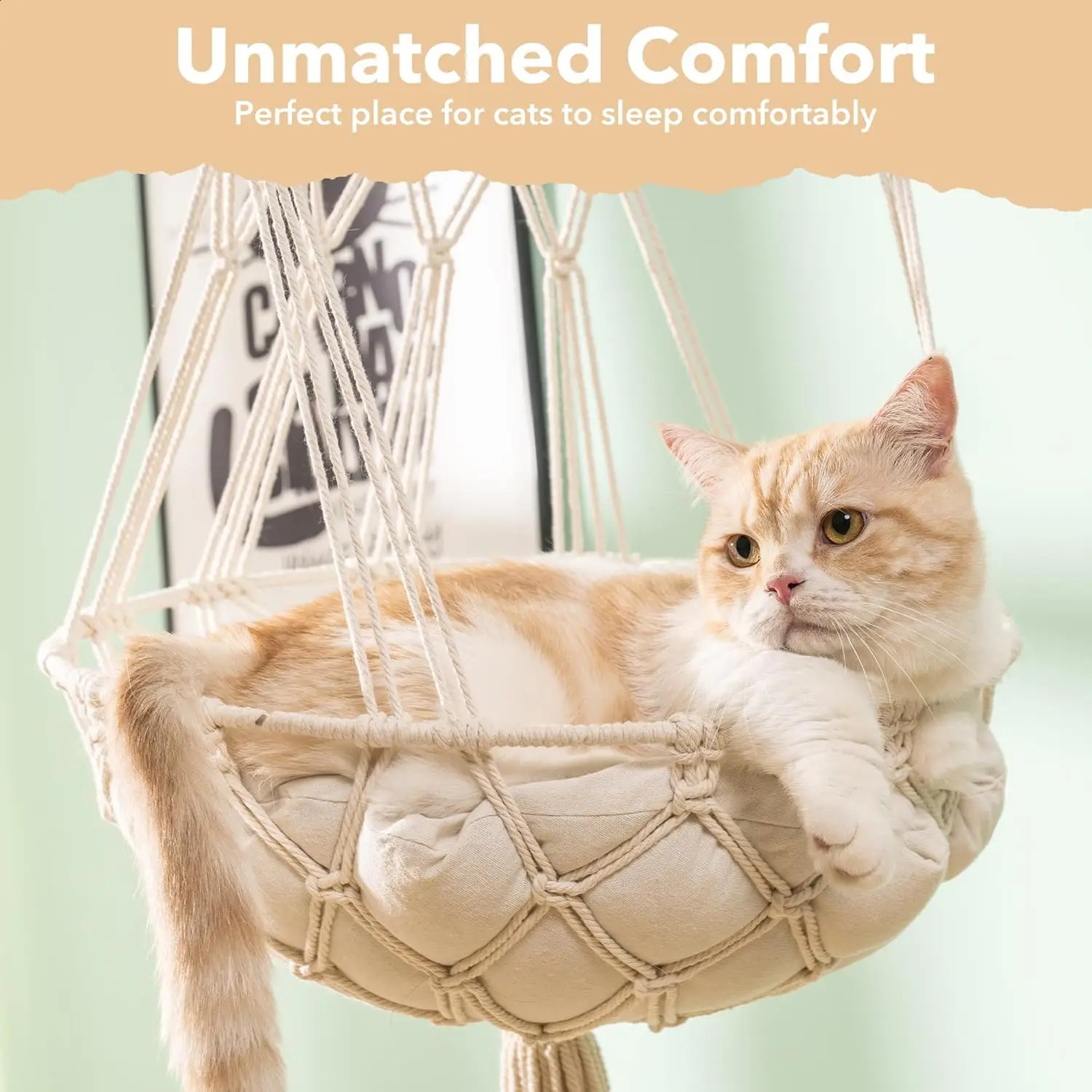 Mewoofun Cat Hammock Handwoven Cat Swing Bed on Wall Hanging Window Perch with Washed Cotton Mat for Indoor Cats 241225