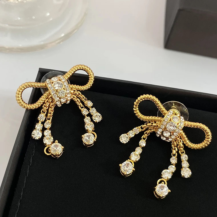 Crystal Bow Gold Earrings Women Top Quality Sweet Fancy Jewelry Boutique Trend 241226