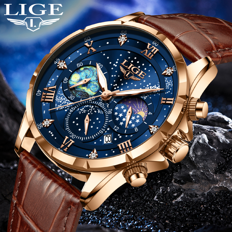 LIGE Men Watches Casual Sport Watch Men Luxury Waterproof Date Luminous Chronograph Wristwatch Male Quartz Watches Leather Clock