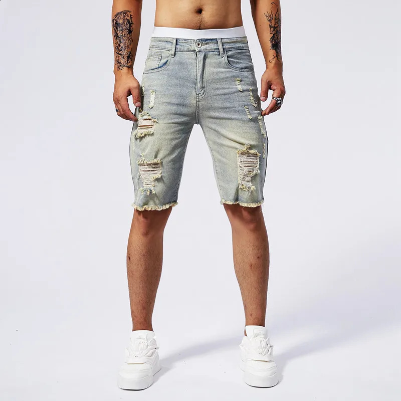 Three color summer ripped denim shorts for men European size retro washed high elasticity straight leg slim fit 241223