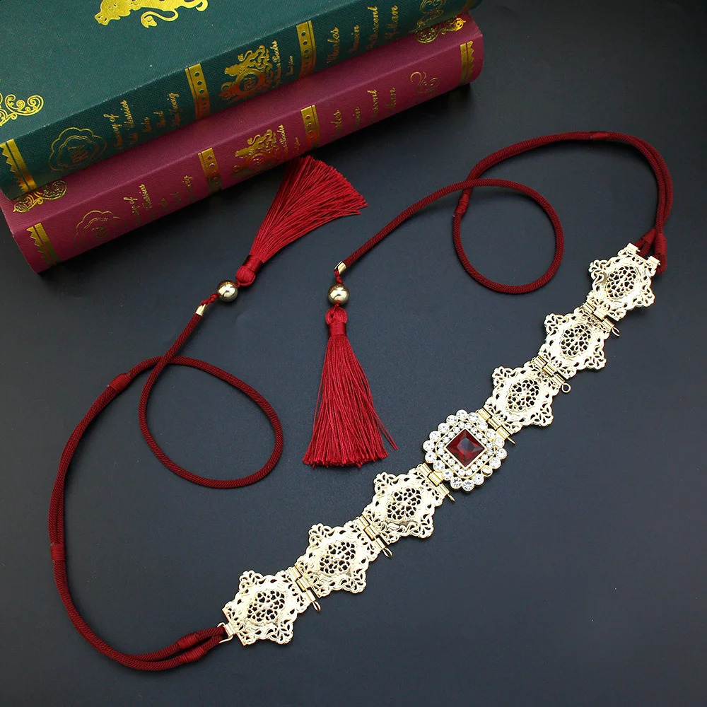 Sunspicems Gold Color Women Tassels Belt Hand Rope Waist Chain Crystal Morocco Bride Dress Belt Arabic Jewelry Thin Metal Sash 241227