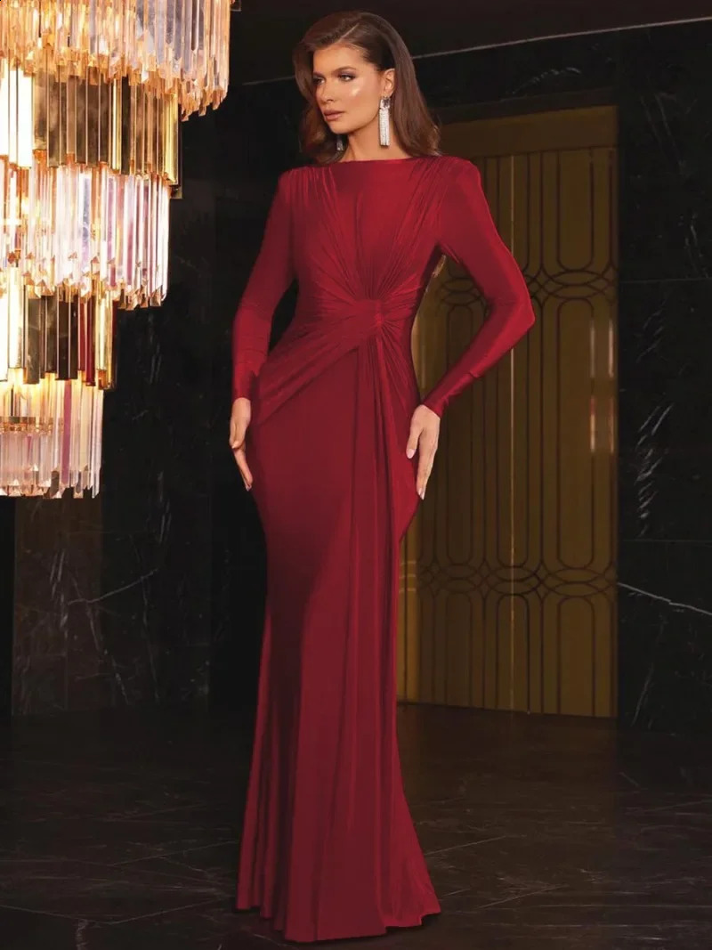 Womens Formal Occasion Dress Elegant Ladies O-neck Long Sleeve Folds High Waist Bodycon Gray Dresses Evening Party Robe 241223