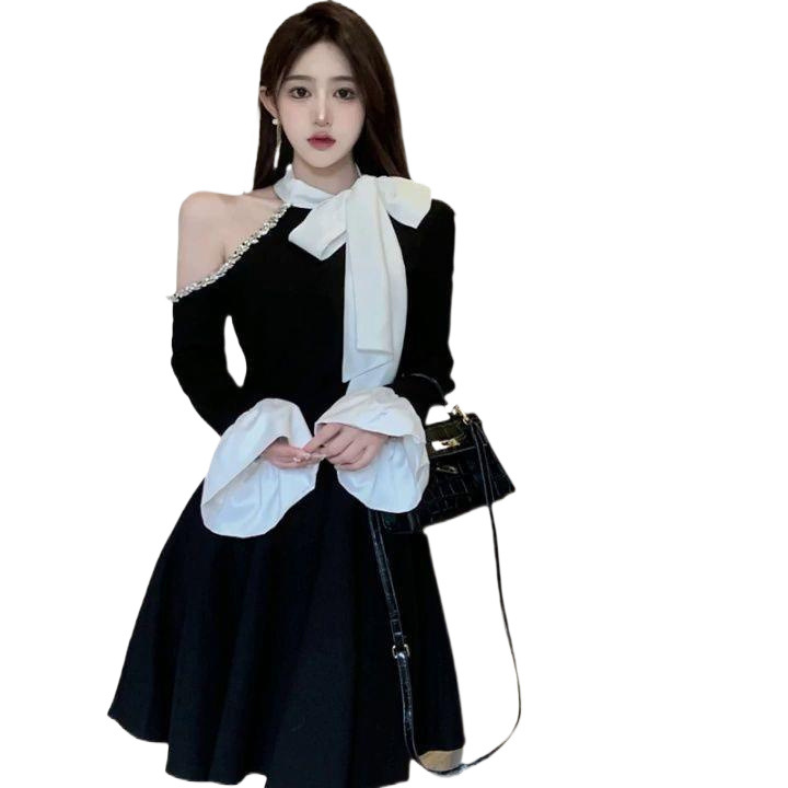 H122 Off-shoulder Elegant Dress High-end Rhinestone Hepburn Style Little Black Dress Autumn Bowknot