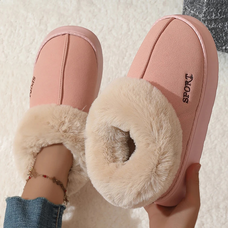 Pink Faux Fur Winter Boots Women Suede Short Plush Snow Woman Non Slip Thick Bottom Cotton Padded Shoes 45 241223