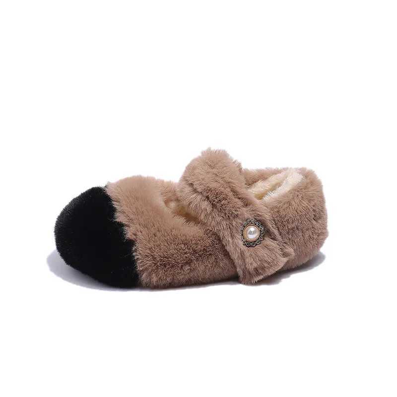 Winter Fur Girls Shoes Fashion Children Princess Flat Shoe Korean Plush Warm Kids Shoe Shallow Mary Janes Chaussure Child Girl W241228