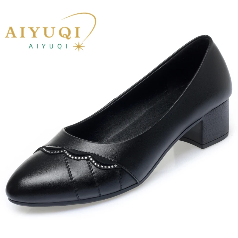AIYUQI Dress Shoes Women Mid-heel Spring Genuine Leather Women's Office Shoes Large Size Work Shoes Women