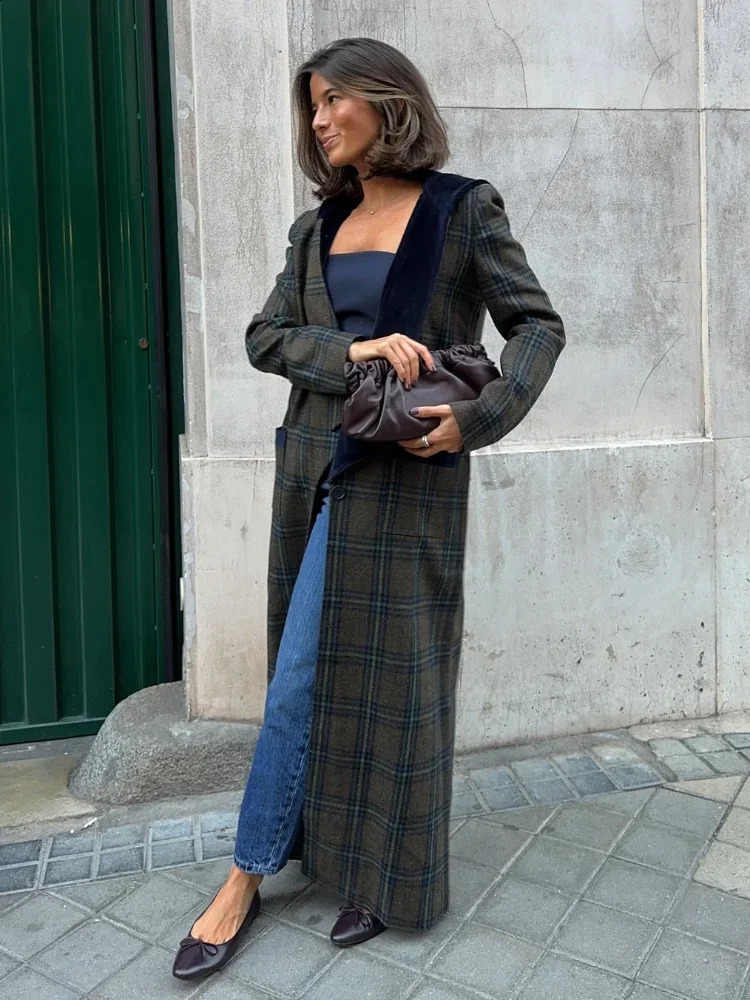 Fashion Plaid Velvet Lapel Overcoats Sleeve Pockets Warm Long Jackets Elegant Lady Single Button Street Outerwears 241227