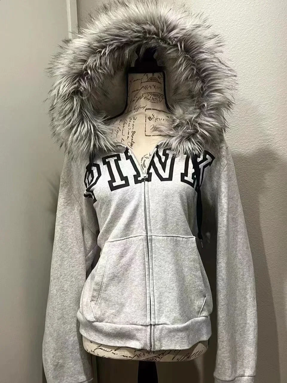 Y2k American fur collar slim winter warm hoodie Womens Korean fashion street solid color zipper sweatshirt loose casual hoodie 241227CJ