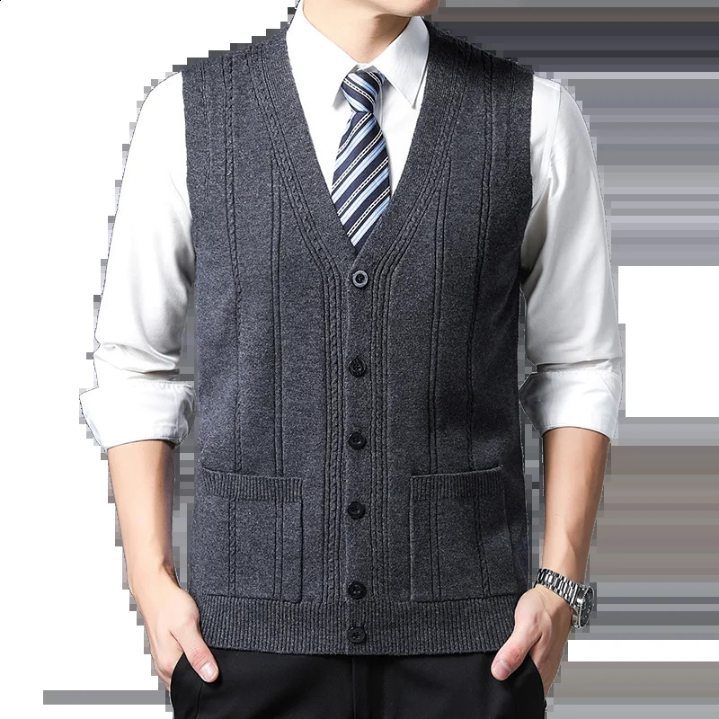 Autumn and Winter Mens Cardigan Vest Without Plush Fashion Casual Knitted Sweater Warm V-neck Vest 241228