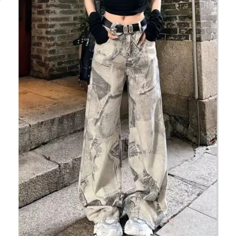 High Street Fashion Personality Retro Printed Thin Jeans for Women Waist Slimming Tie Dye Micro Pull Pants 241228