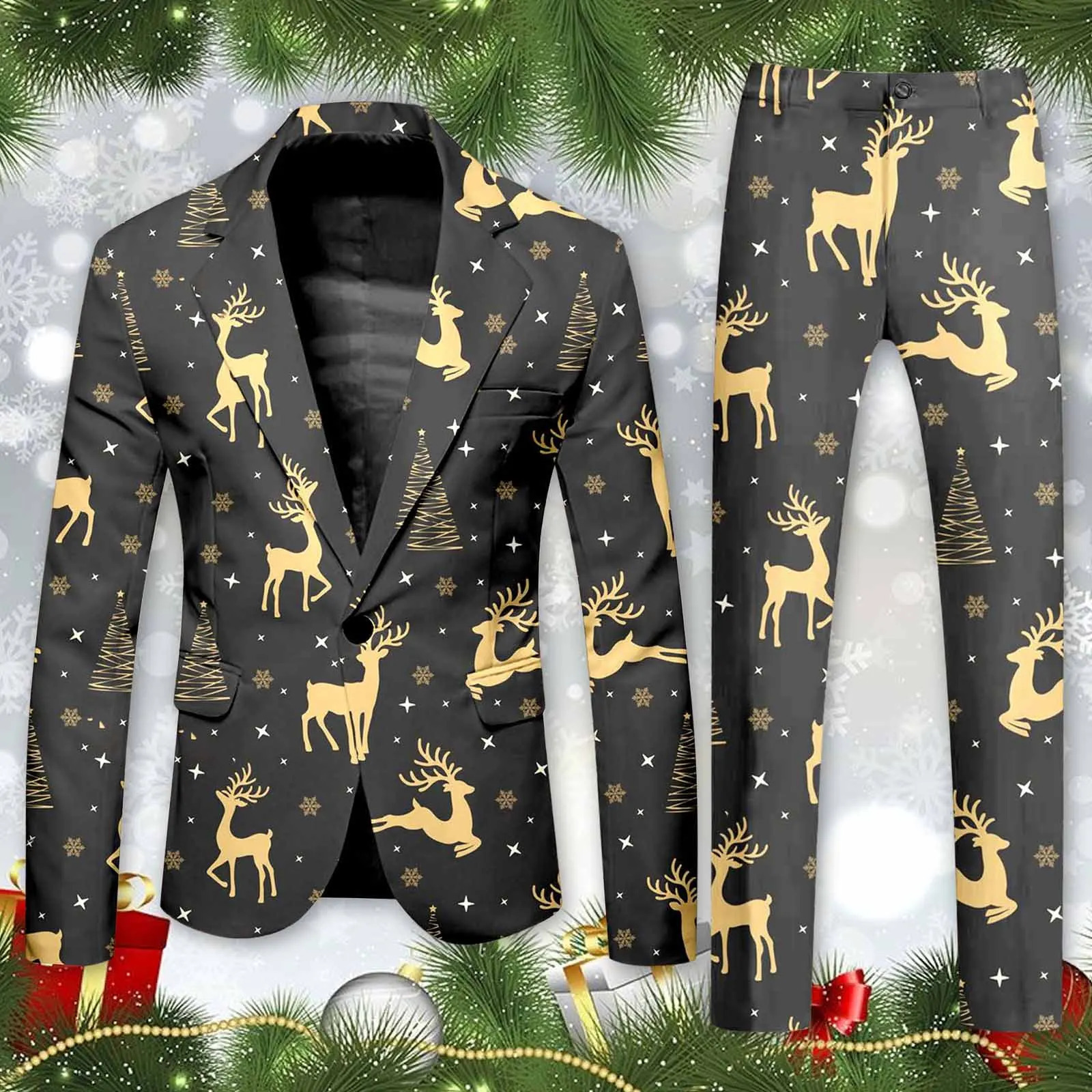 Blazer Mens Christmas 2 Piece Suit Set Snowflake Print Suit Jacket And Pants Set Slim Fit Xmas Party Wear Formal Suit For Men 241227