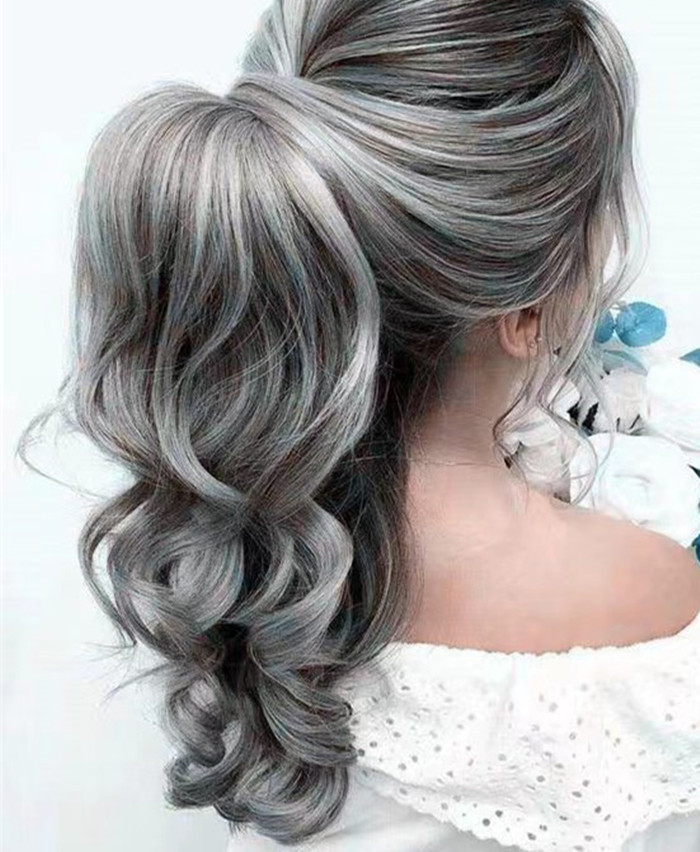 Elegant gray human hair ponytail hairpiece salt and pepper natural grey pony tail hair piece brazillian silver curls extension humain raw curly wraps 