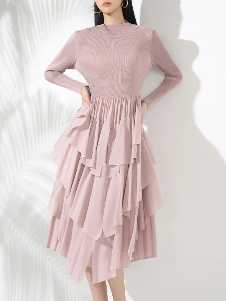 LANMREM Elegant Pleated Mid Length Dress For Women Long Sleeves Irregular Ruffles Patchwork A-line Dresses Fashion 2VV2046 241223