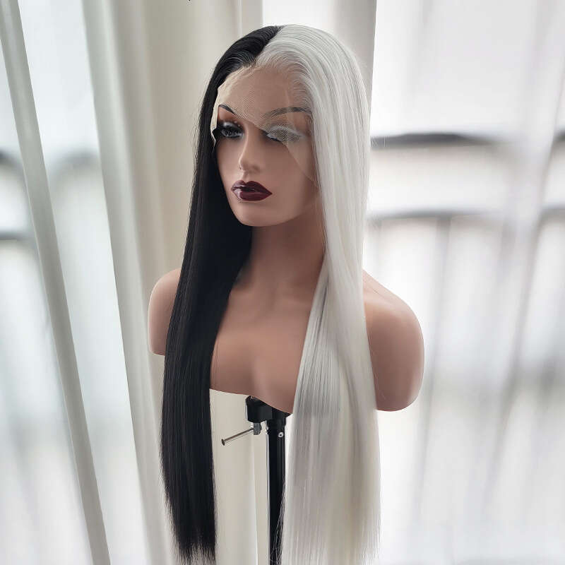 13 * 4 Front Lace Wig, Women's Black And White Double Splicing Yin-Yang Head, Split Long Straight Hair, Synthetic Full Head Cover Cosplay Wig Kq2