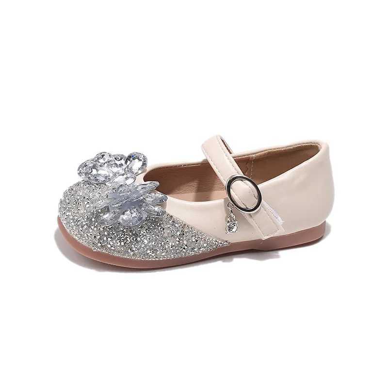 2024 New Womens Leather Shoes Childrens Sparkling Wedding Sandals Childrens Bow Water Diamond Princess Apartment Sparkling Non slip Single Shoes W2412