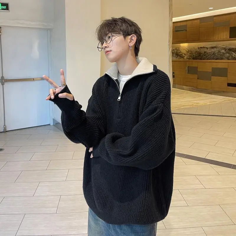 American autumn and winter men and women trendy personality lazy style zipper lapel couple loose knit pullover sweater harajuku 241227