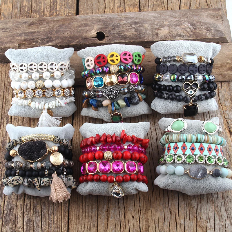 Fashion Boho Jewelry Set Black 5pc Black Natural Stone Stack Bracelet Sets For Women Bohemian Jewelres Gift Friends Birthday 241227