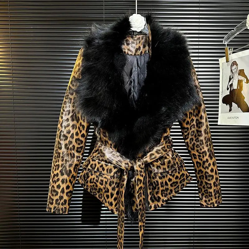 Fashion Waist Cinched Slimming Leopard Print Coat Women Clothing Winter Coat Large Fur Collar PU Leather Jacket for Women 241220