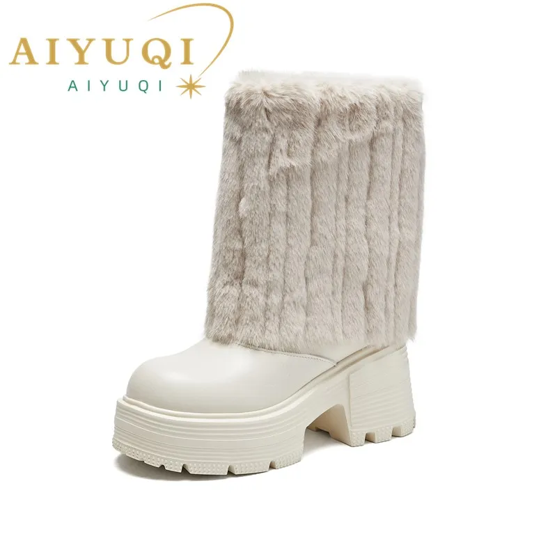 AIYUQI Women's High Heel Boots Wool Platform Women's Middle Boots Genuine Leather Fashion Rider Boots Ladies