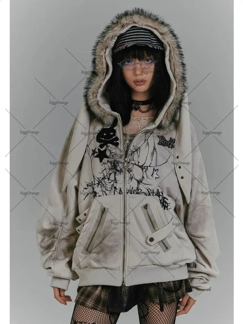 American Street Style Fur Collar Clothing Fashionable Bunny Ears Hoodie Y2k Harajuku Classic Pocket Decorated Zipper Sweatshirt 241227