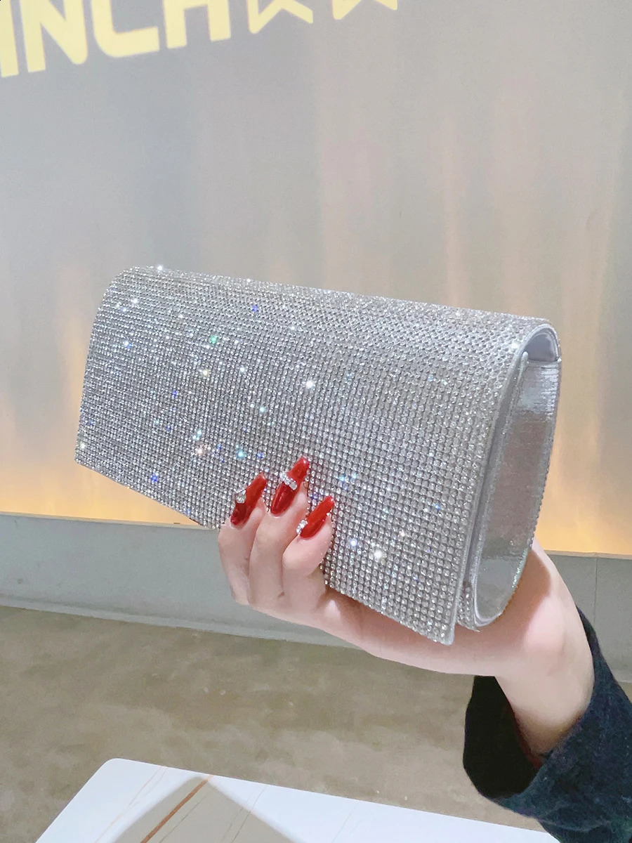 Glitter Clutch Rhinestone Purses For Women Evening Clutches Flap Envelope Handbags Large Wedding Party Prom Silver Crossbody Bag 241227