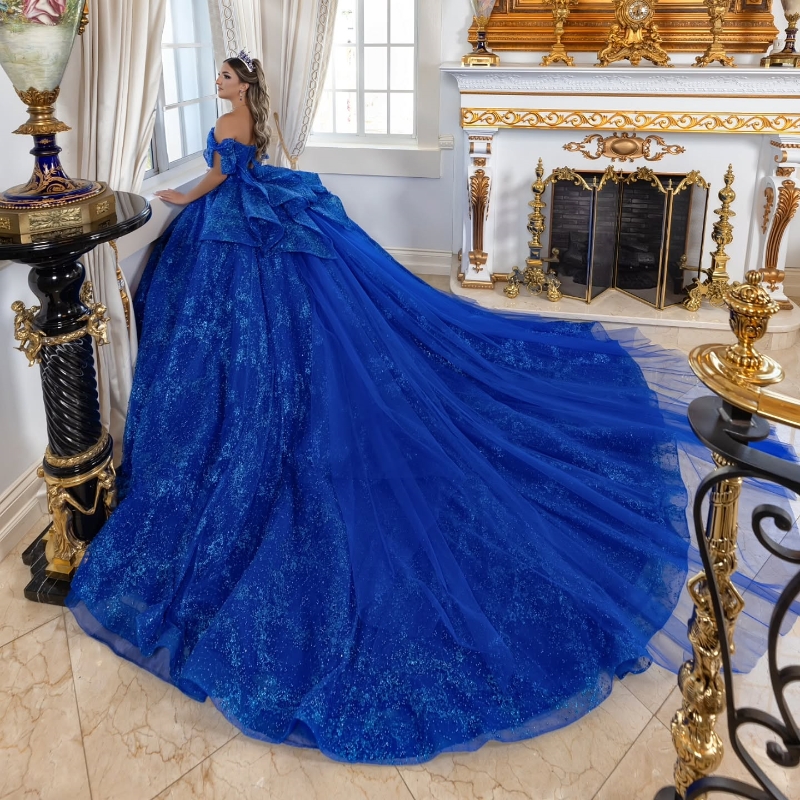 Royal Blue Shiny Quinceanera Dresses Ball Gown Sequin Applique Lace Beading Crystal Tulle Lace-Up Party Princess Sweet 16 Dress Vestido De 15 Anos