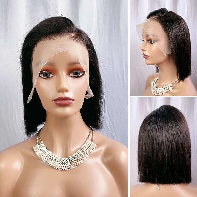 Full Real 13X4 Front Lace Wig Set BOBO Bob Black Short Straight Hair New C-Shaped Partial Distribution Seam Kq2 Kq2