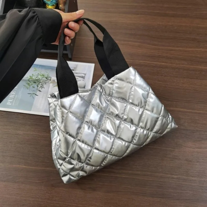 European Style Glossy Cotton Clothing Bag Fashion Embroidery Thread Rhombus Space Cotton Bubble Womens Bag Shoulder Handbag 241227