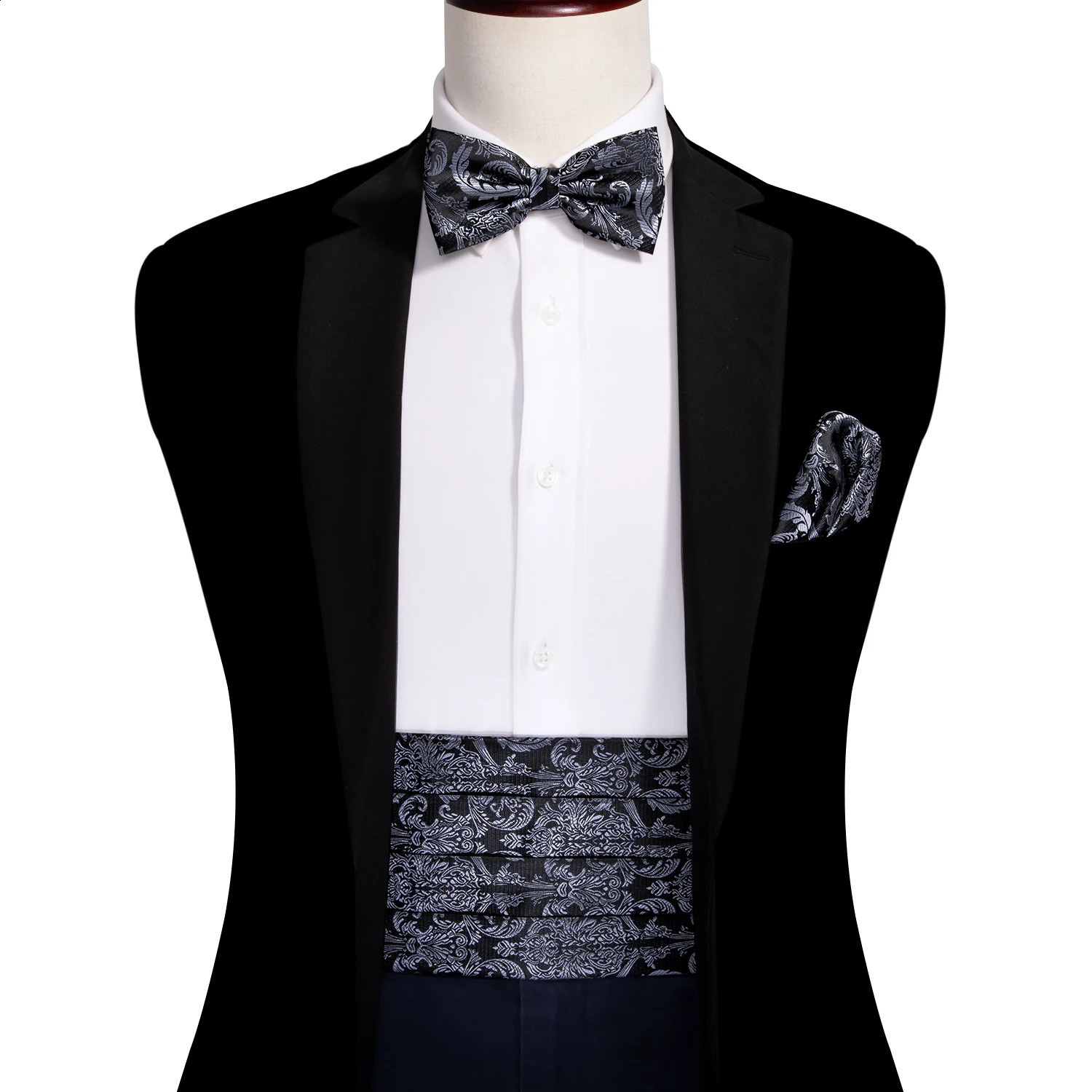 Silk Paisley Tuxedo Mens Cummerbund Bow Tie Pocket Square Set Black Formal Wide Elastic Belt For Men Wedding Party Barry. Wang 241227