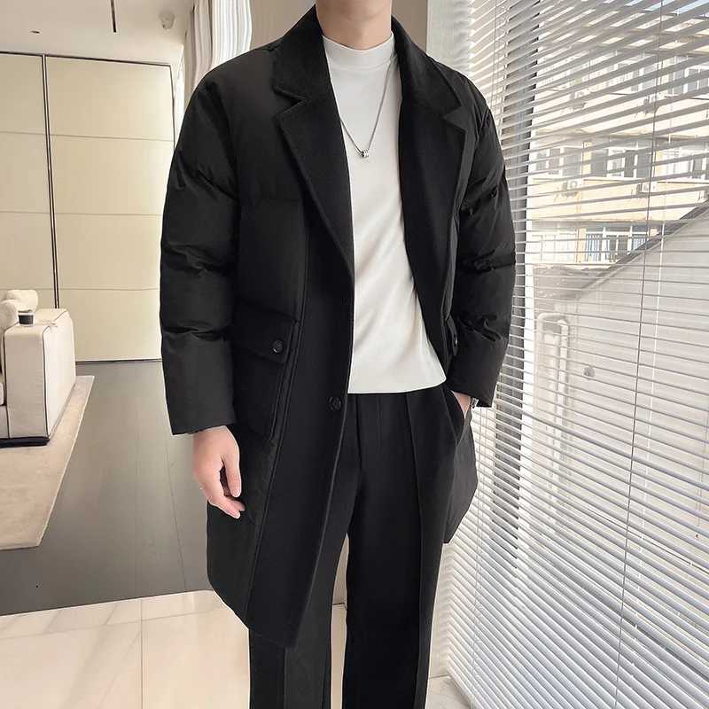 Solid color mens mid length single chest cotton lined jacket winter coat thick and warm long coat windproof Parkas W241228